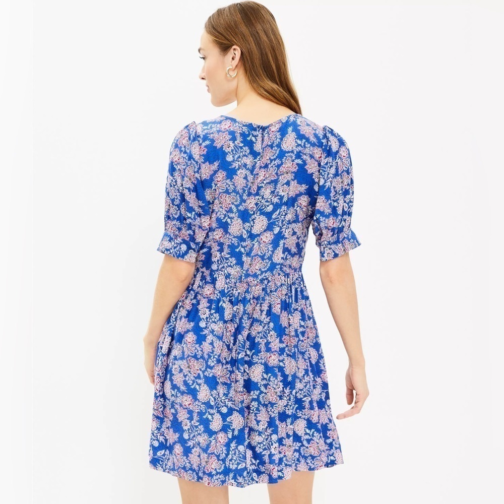 Loft Womens 6 Petite Blue Floral Puff Sleeve Swing Dress - Picture 9 of 9
